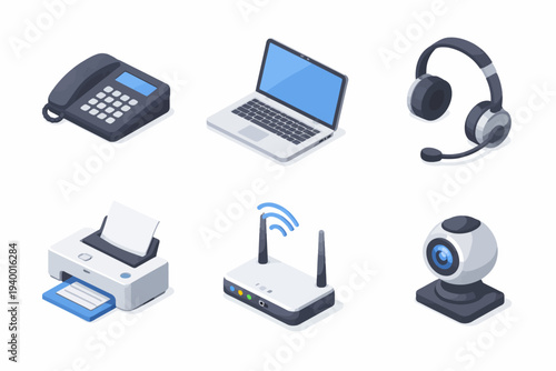 Collection of office electronics including laptop, headset, and printer