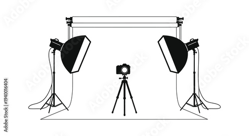 A studio setup with lighting equipment a camera on a tripod and a black backdrop silhouette high quality