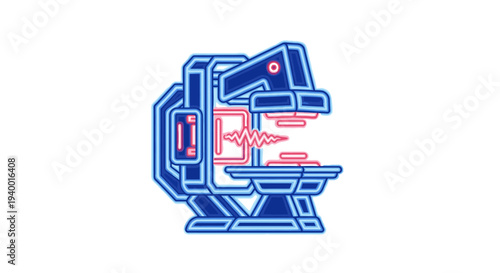 Stylized neon illustration of a mammogram machine, symbolizing breast cancer screening, early detection, and advanced medical diagnostics technology.