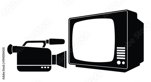 A black silhouette depicts a vintage television set alongside a camcorder evoking nostalgia for older media high quality