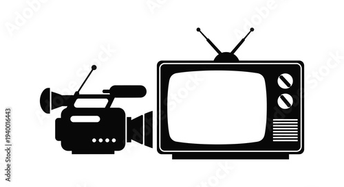 A striking black graphic displays an old television and vintage camera both rendered as a silhouette high quality