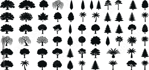 An assortment of diverse tree silhouettes against a plain white background from a straightforward viewpoint