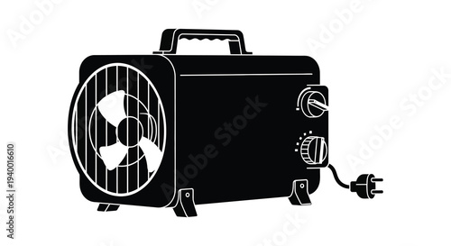 A stark black silhouette of a portable fan with a rounded design and visible internal components silhouette