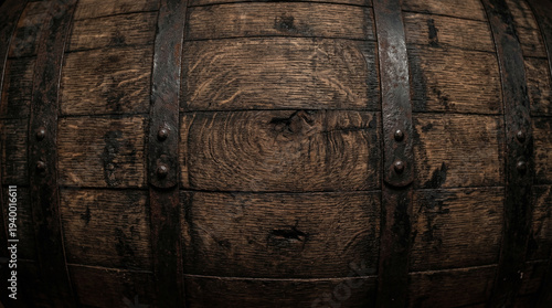 Natural dry aged oak barrel texture background with dark oak wood and circular stave grain, whiskey artisan surface ideal for distillery brand premium food or heritage corporate design