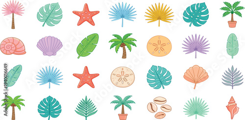 Collection of colorful tropical leaves, seashells, and starfish illustrations in a flat design style