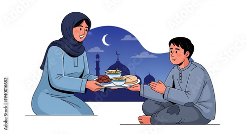 Illustration of a Muslim family sharing a meal during Ramadan, celebrating the spirit of community and togetherness during the holy month