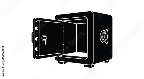 A stark black outline depicts an open safe with a visible lock and dial creating a dramatic silhouette