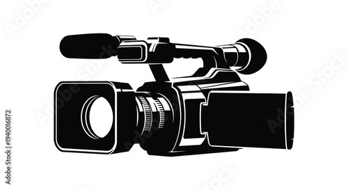 A striking black and white depiction of a professional video camera showcasing its detailed form as a silhouette
