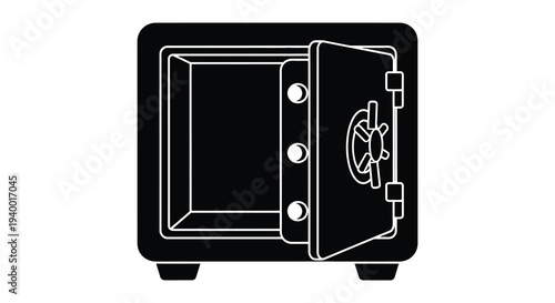 A stark white background showcases a black safe with its door ajar creating a bold silhouette high quality