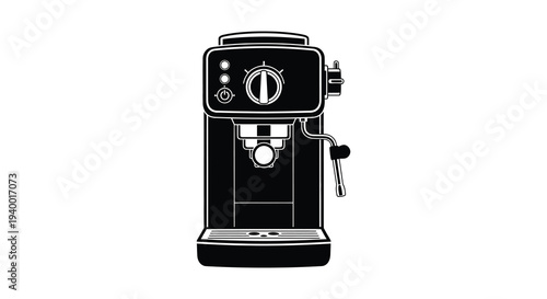 A stark black and white illustration of a traditional espresso machine featuring detailed controls and a classic design silhouette