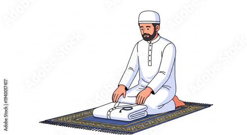 A devout Muslim man humbly engaging in sincere prayer on a traditional mat, embodying spiritual devotion and a peaceful connection to his faith through Islamic worship
