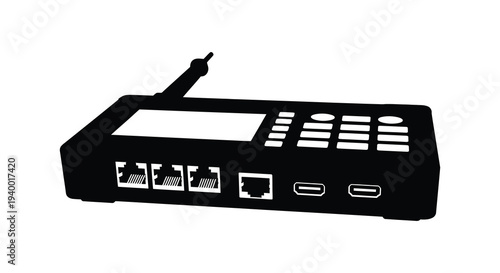 A stark black silhouette depicts a modern router with visible ports and an antenna showcasing its form silhouette