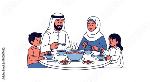 A happy Muslim family enjoying a delicious meal together around a dinner table