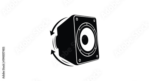 A striking black silhouette of a modern speaker with dynamic circular arrow effects showcasing audio technology silhouette