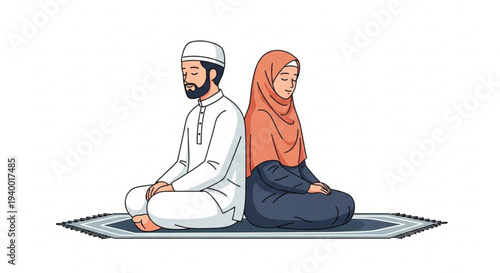 Muslim couple praying together on a prayer mat, illustration of Islamic devotion and family bonding