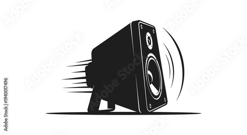A dynamic illustration depicts a speaker emitting sound waves showcasing power and energy in a bold silhouette
