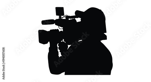 A striking black silhouette depicts a person operating a professional video camera showcasing media production expertise silhouette