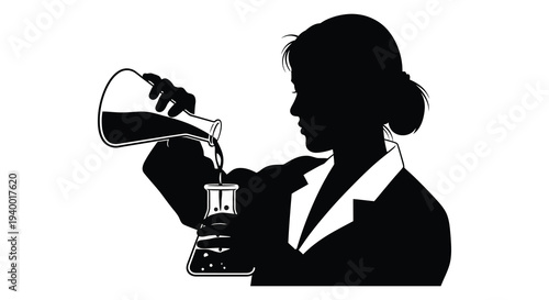 A female scientist in a lab coat carefully pours liquid from a beaker into a flask a stark silhouette