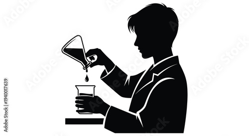 A scientist in a lab coat carefully pours liquid from a flask into a beaker a striking silhouette