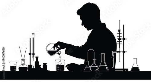 A scientist meticulously works in a laboratory setting pouring liquid into glassware depicted as a silhouette high quality