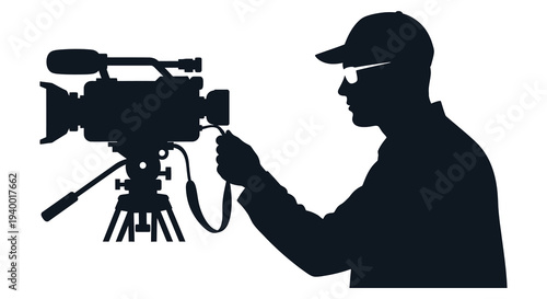 A cameraman operating professional equipment including a microphone is depicted in a striking black silhouette high quality detailed