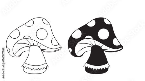 Mushrooms with polka dots, one outline and one filled, presented in a clean vector illustration. featuring mushroom, fungi, poisonous with toadstool