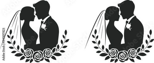 Wedding couple silhouette, bride and groom profile, romantic marriage illustration, floral rose wreath, black vector art, cad drawing flat vector illustration.