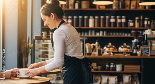 Smiling barista serving a fresh cup of coffee across a cozy cafe counter, warm morning light illuminating jars, machines, and friendly cafe mood tonight now

