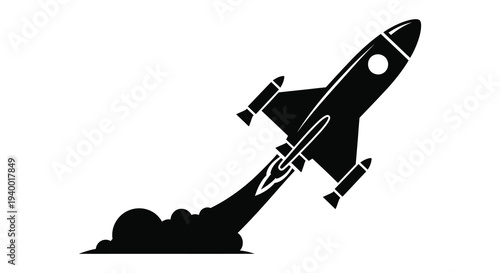 A sleek black rocket ascends with fiery exhaust plumes depicted as a striking graphic silhouette high quality professional