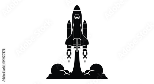 A striking black silhouette of a space shuttle ascending with fiery exhaust demonstrating power and ambition silhouette