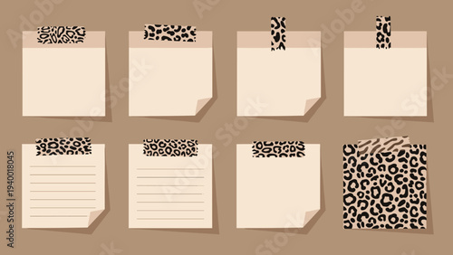 Set of beige sticky notes held by stylish leopard print washi tape on a warm brown background for organization and planning.