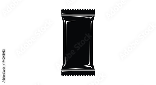 A stark black silhouette of a sealed food package resembling a snack or chip bag silhouette high quality
