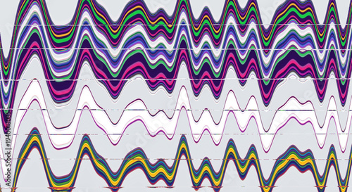 Abstract digital art vector with colorful overlapping oscillating waveforms, layered amplitudes, vibrant hues, and surreal motion design