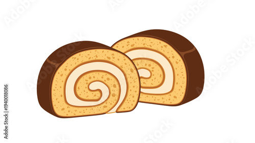 Two delicious slices of chocolate sponge roll cake with white cream filling and dark chocolate glaze on top.