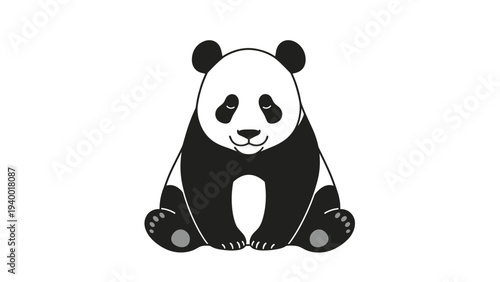 Frontal view of a cute giant panda bear sitting peacefully with a gentle smile, black and white animal vector illustration.