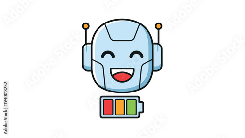 Cute robot head character smiling with a multi-colored battery level indicator below it representing power and energy status.