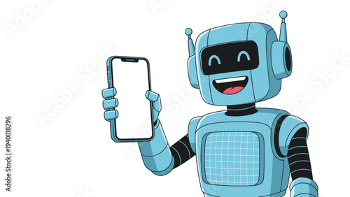 Happy blue robot mascot holding a large smartphone with a blank white screen for custom mobile app or web displays.
