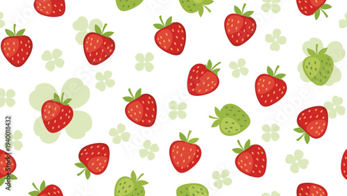 Seamless pattern of red and green strawberries with small flowers on a white background for fabric and wallpaper.