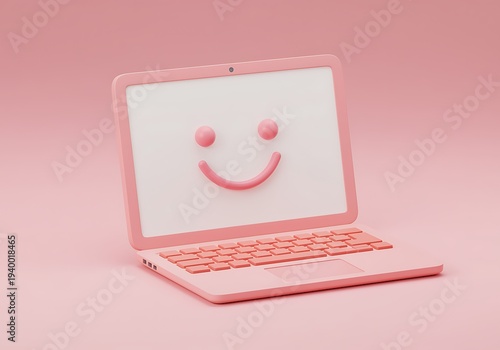 Pink laptop computer with smiley face on screen  technology and emotions  happy device