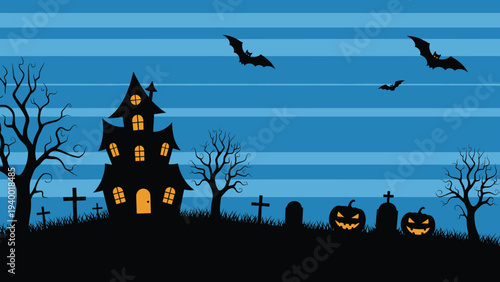 Spooky halloween landscape with a haunted house, pumpkins, and bats under a blue striped sky illustration.