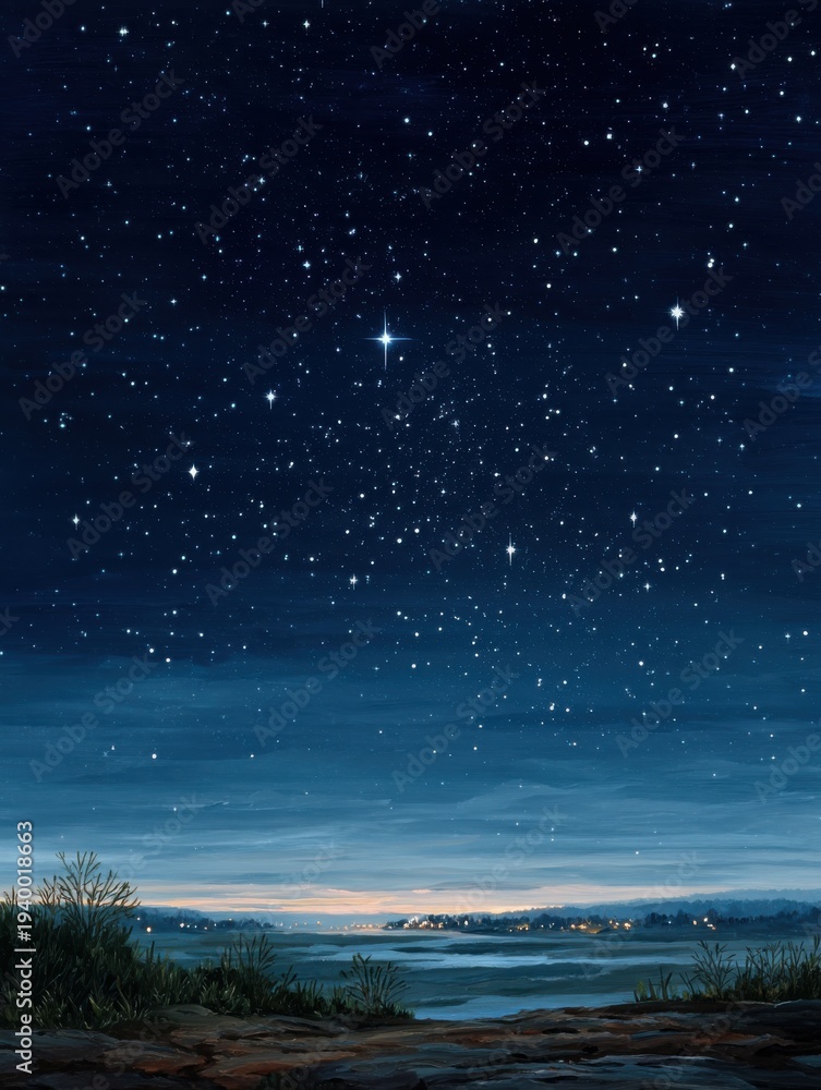 Fototapeta premium Starry Night Sky over Peaceful Landscape with Distant City Lights