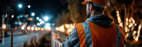 Construction worker safety vest hard hat road repair night work city street traffic barrier reflective clothing urban light public works worker construction worker safety vest hard hat road repair