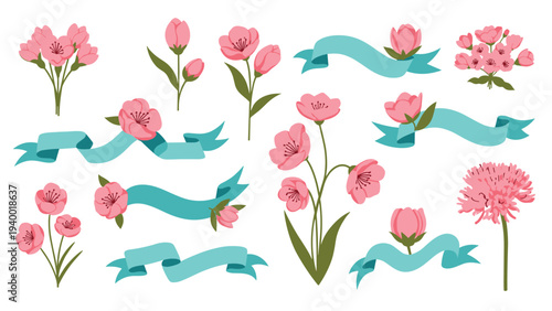 Collection of pink flowers with green stems and light blue ribbons for scrapbooking and floral card decoration.