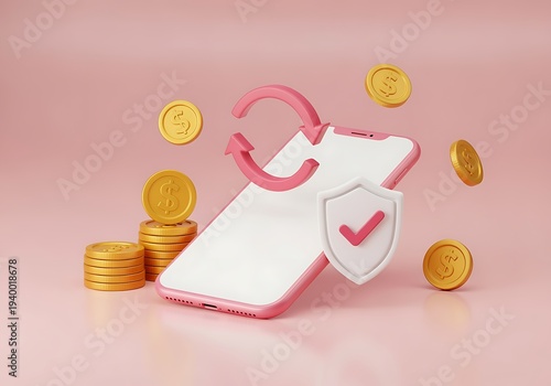 Pink smartphone with white screen and shield icon surrounded by gold coins on pink background representing mobile security and finance