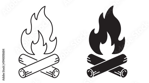 Bonfire icon with crossed logs and flames, presented in both outline and solid black styles for camping and outdoor adventure themes.