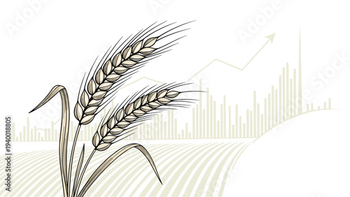 Hand-drawn ears of wheat with green leaves against a background of rising financial charts and market graphs.