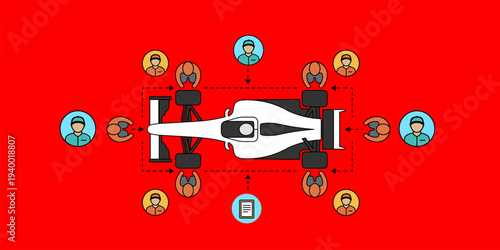 Motorsport Pit Crew Changing Tires on Racing Car Top View Concept