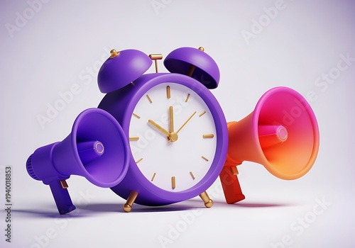 Purple alarm clock with two megaphones on white background  time announcement notification