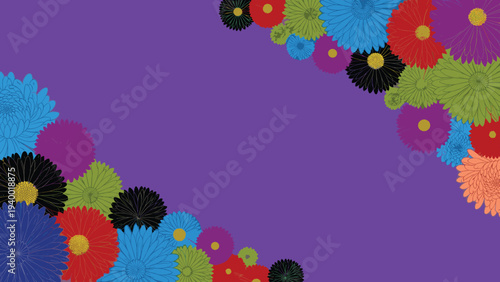 Colorful chrysanthemums of various sizes arranged in the corners of a deep purple background floral frame.