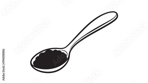 Spoon with dark granular substance in the bowl, isolated on a white background, presented in a simple line art style.